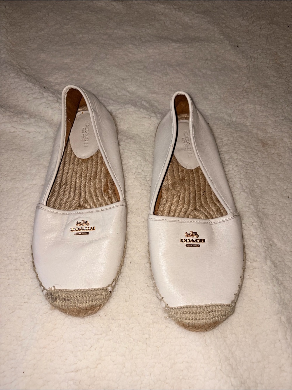 Coach White Leather Espadrille Slip-On Flats with Gold Logo